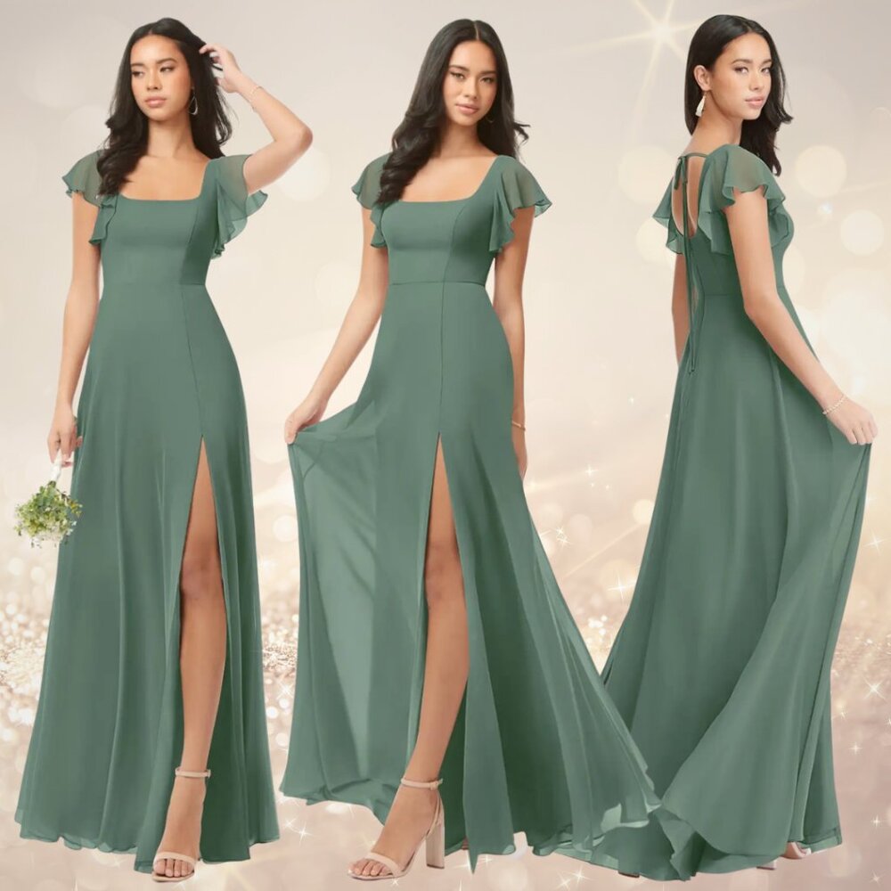 NWT Azazie Bondi Eucalyptus A-Line Ruffled Chiffon Dress A4 NEW Bridesmaid Sz 4